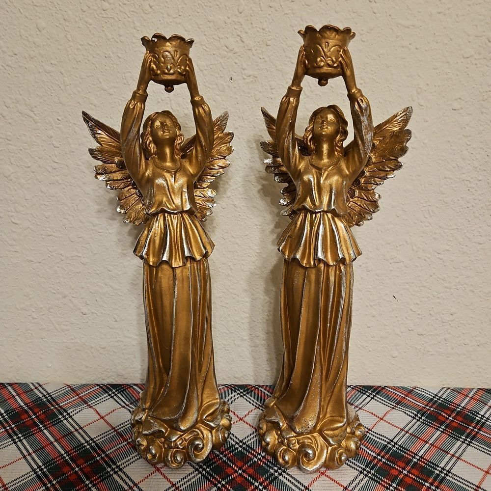 Set Of 2 Victorian Trading Company Gold Angel Candle Holders